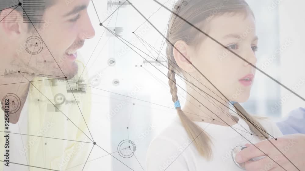 Poster network connections and data processing animation with people interacting in background