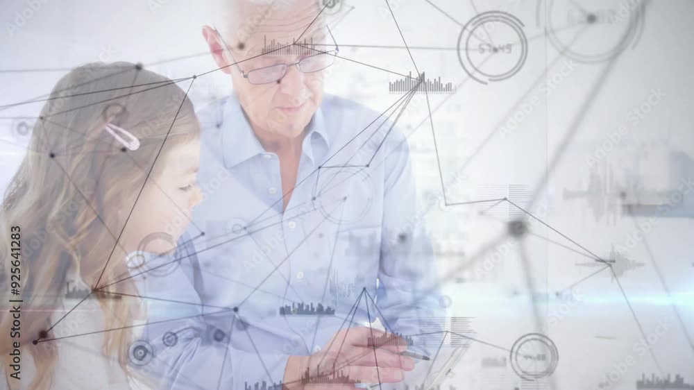 Poster network connections and data processing animation over people discussing information