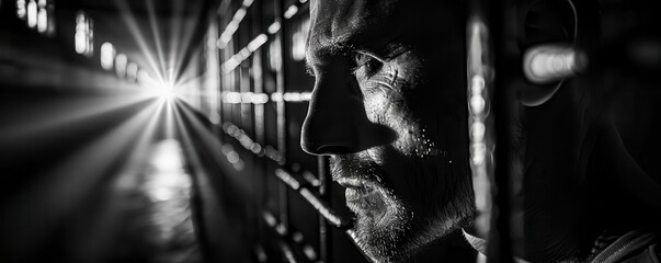 A convict reflecting in a dimly lit prison cell, iron bars casting shadows, creating a sense of solitude, Noir, Monochrome, High contrast