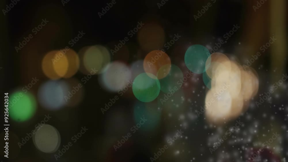 Poster falling snowflakes and bokeh lights animation on dark background