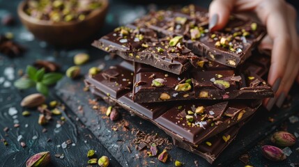 Gourmet Dark Chocolate Bar Sprinkled With Pistachios and Sea Salt, Turkish chocolate
