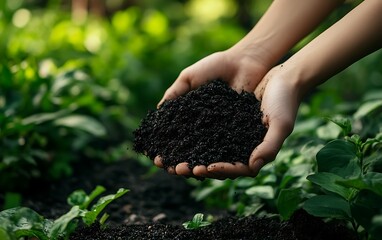 Close-Up of Hands Holding Rich Compost Made from Organic Biomass in a Green Garden