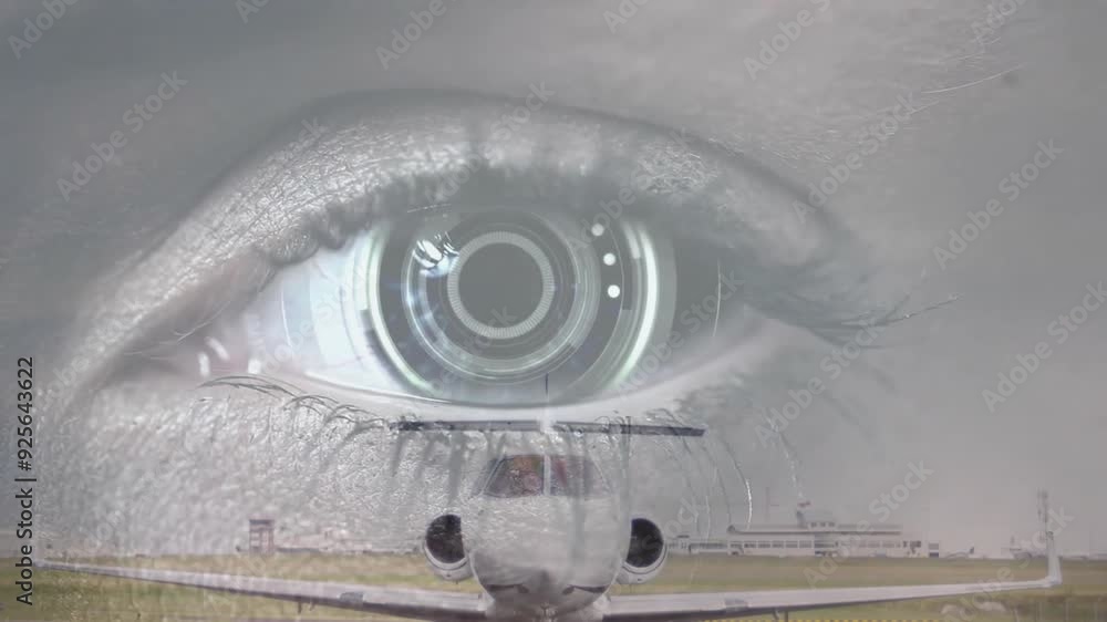 Poster close-up of eye with digital interface animation over airplane on runway