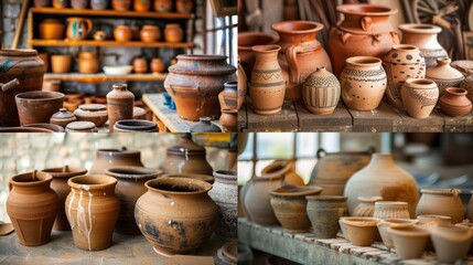 Collection of handmade clay pots and jugs in a pottery workshop.