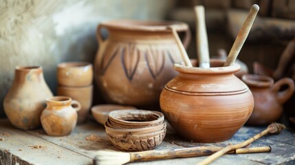 Rustic pottery and tools.