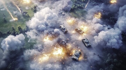 Fototapeta premium Aerial View of Military Tanks in Battle Smoke