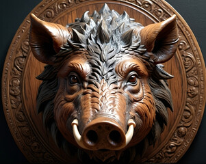 The boar's/ pig's head on a circle, the piece of art, sculpture.