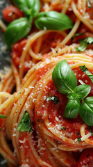 Close up photo of a plate of spaghetti with marinara sauce