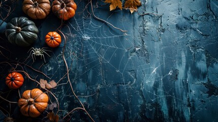 Autumn pumpkins with spider and cobweb on rustic background