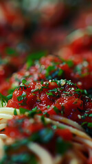 Close up photo of a plate of spaghetti with marinara sauce