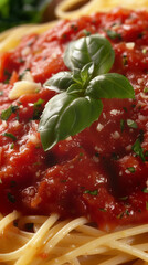 Close up photo of a plate of spaghetti with marinara sauce
