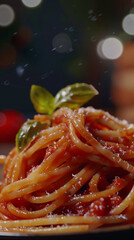 Close up photo of a plate of spaghetti with marinara sauce