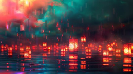 Naklejka premium A surreal landscape featuring glowing lanterns reflected on tranquil water, surrounded by colorful clouds and ethereal lights.