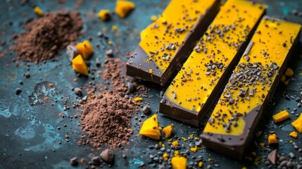 Obraz premium Chocolate Bars with Bright Yellow Filling Decorated with Pumpkin Pieces and Cocoa Powder
