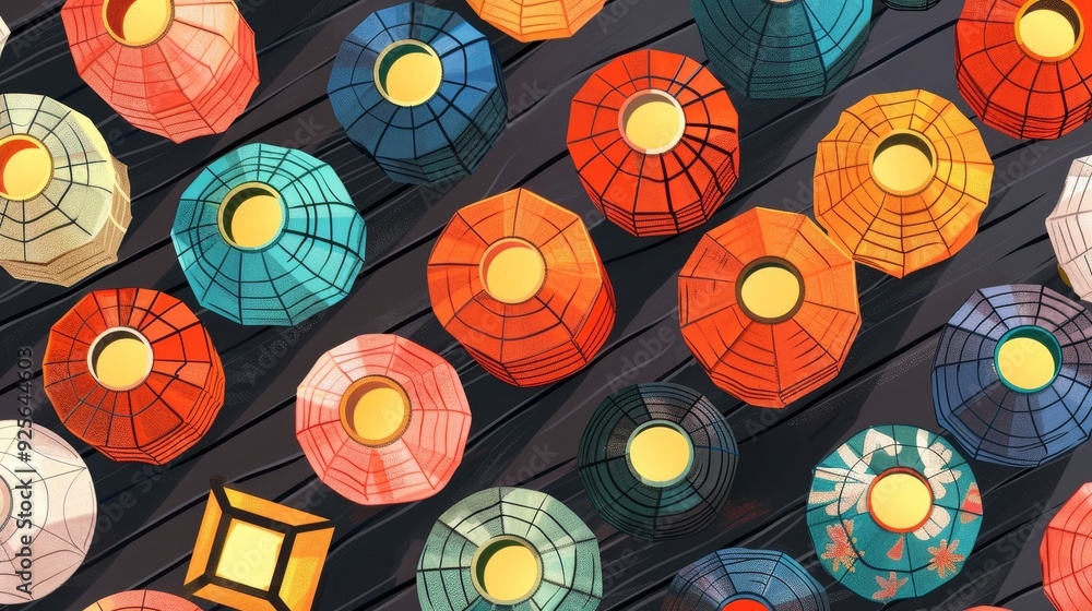 Poster a vibrant pattern of colorful lanterns arranged beautifully, adding a festive touch to any setting, 