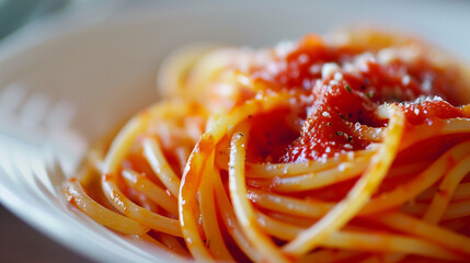 Close up photo of a plate of spaghetti with marinara sauce