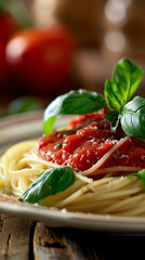 Close up photo of a plate of spaghetti with marinara sauce