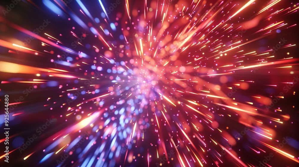 Poster Vibrant abstract cosmic explosion with colorful light streaks and particles radiating in all directions, creating a dynamic and energetic scene.