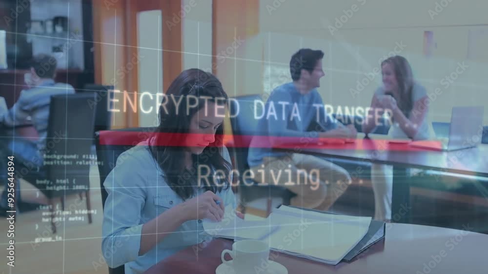 Poster encrypted data transfer animation over people working and discussing in office