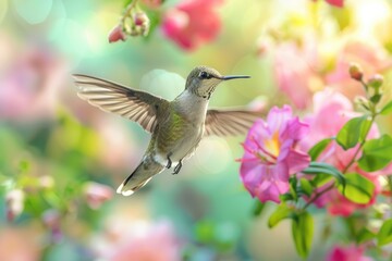 Fototapeta premium a hummingbird feeding on nectar, its shimmering feathers and delicate wings illuminated by the sun. Great for garden decor and educational resources.