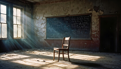 Abandoned School Classroom with Old Desks and Chairs, Broken Windows, and Dust-Covered Textbooks, Capturing the Decay of an Once-Lively Learning Space