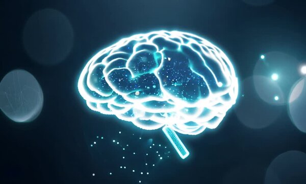 3D rendered blue jellyfish brain floating in dark ocean, resembling human anatomy under X-ray scan, symbolizing medical science and abstract intelligence