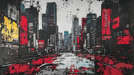 Urban landscape with a dramatic red and black color scheme.