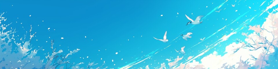 Enchanting Winter Wonderland: AI-Generated 4K Anime-Style Aerial View of Migrating Geese over Snowy Landscape with Winter Jasmine. Magical Frost Kingdom featuring Vibrant Blue Sky and Delicate Blossom
