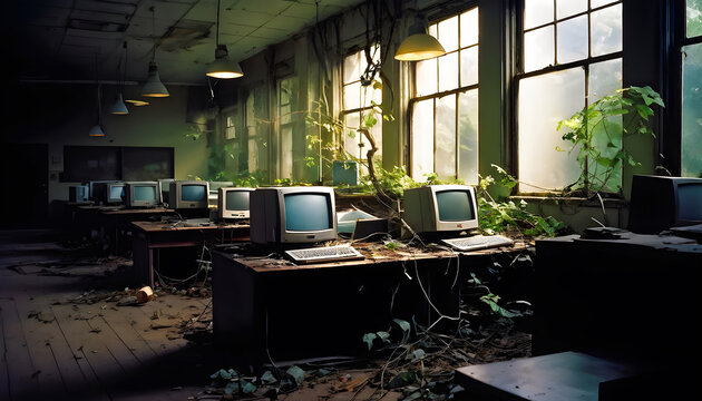 Abandoned School Computer Laboratory with Dusty Keyboards, Broken Monitors, and Empty Chairs, Reflecting the Passage of Time and Neglect