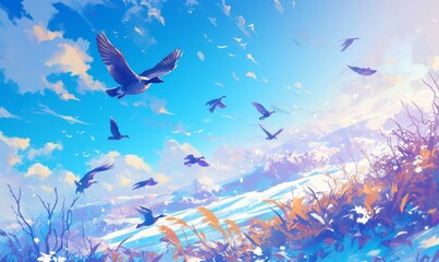 Obraz premium Enchanting Winter Wonderland: AI-Generated 4K Anime-Style Aerial View of Migrating Geese over Snowy Landscape with Winter Jasmine. Magical Frost Kingdom featuring Vibrant Blue Sky and Delicate Blossom