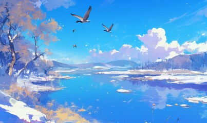 Naklejka premium Enchanting Winter Wonderland: AI-Generated 4K Anime-Style Aerial View of Migrating Geese over Snowy Landscape with Winter Jasmine. Magical Frost Kingdom featuring Vibrant Blue Sky and Delicate Blossom