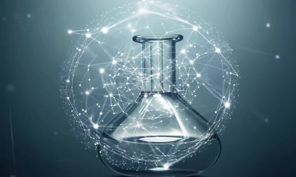 Isolated transparent glass flask filled with blue liquid on a black background
