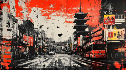 Urban street scene with a vibrant red and black aesthetic.
