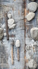 Carved Wooden Figure with Tools and Stones.