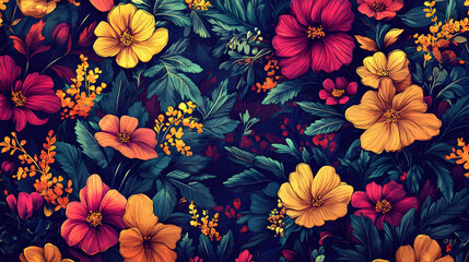 Vibrant floral pattern with colorful flowers and lush greenery.