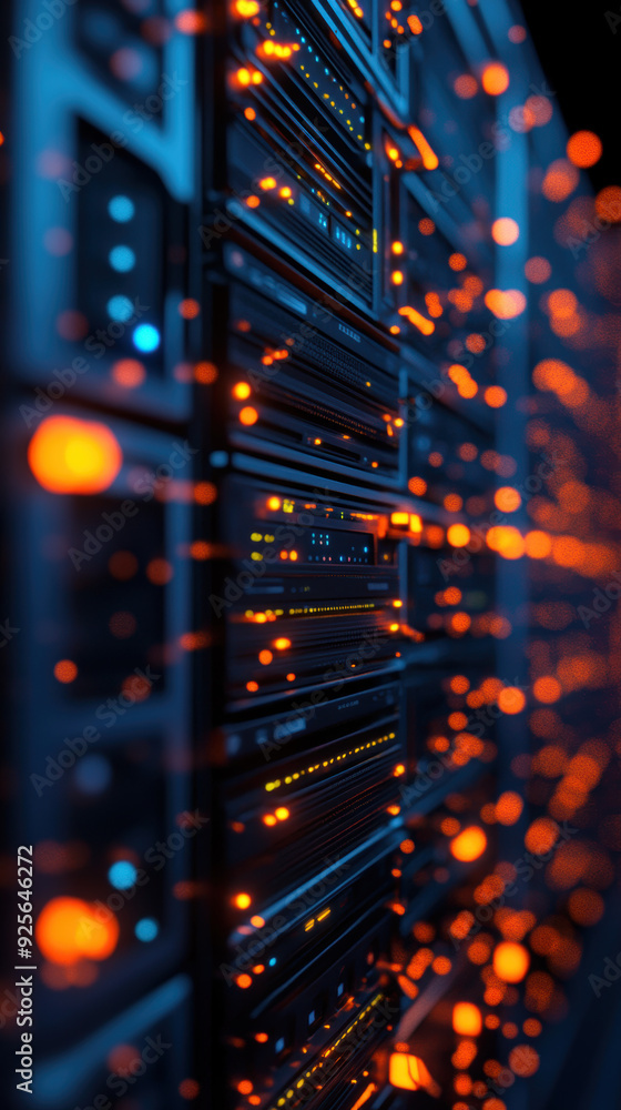 Aufkleber close-up of a data center server rack with illuminated orange and blue led lights, showcasing advanc