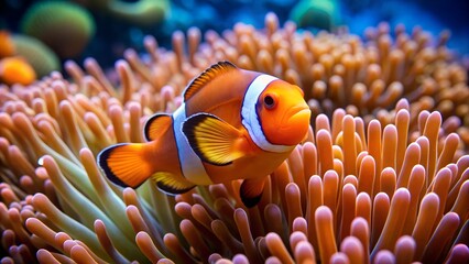 Clownfish swimming in a sea anemone in a coral reef
