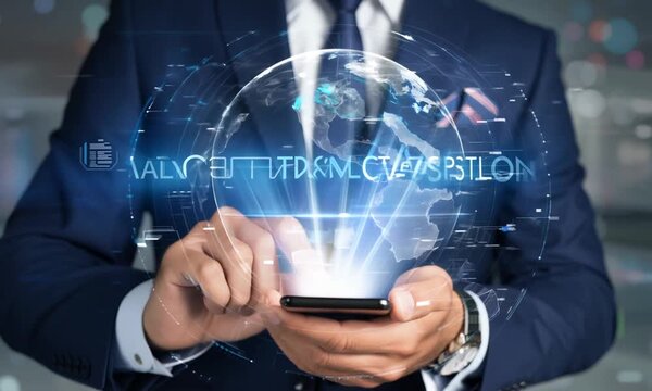 Businessman hand touching virtual button on touchscreen computer screen, digital technology concept