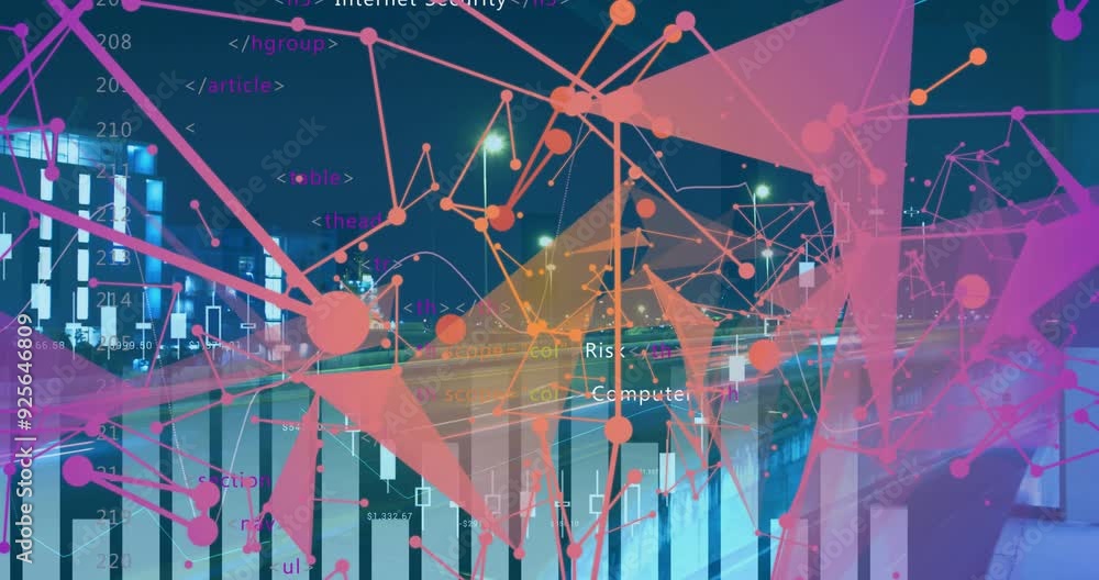 Poster animating network connections and data processing over cityscape with financial graphs