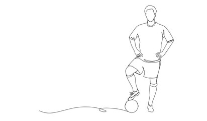 continuous line drawing of soccer player shooting vector illustration. Single one line art of young man playing soccer ball template.