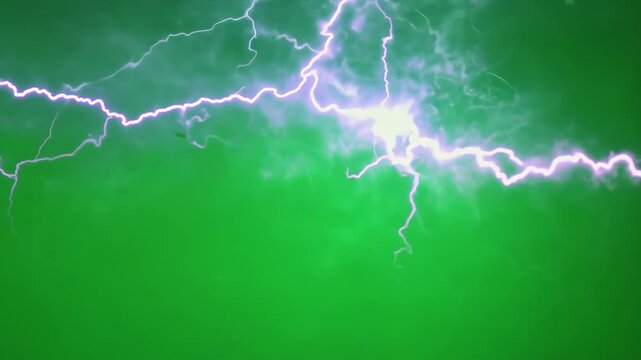 Animation of abstract blue lightning flash bolt or thunderbolt effect on green screen background ready for use in chroma key. Heavy storm with shining lightnings. Magic power blast storm