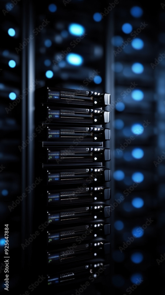 Aufkleber close-up of a server rack in a data center with blue led lights, emphasizing modern technology and d