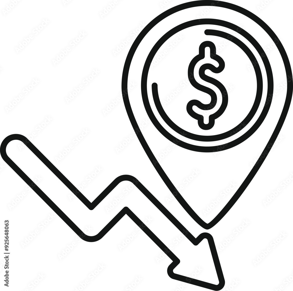 Poster line art icon of a dollar sign inside a map pointer with a downward trending arrow, representing a d