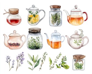 A beautiful collection of watercolor tea pots and jars with herbs and fruits, perfect for any herbal or tea themed project.