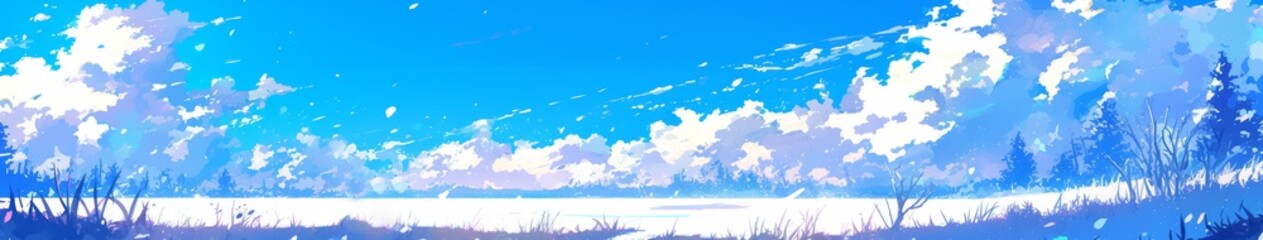 Fototapeta premium Enchanting Winter Wonderland: AI-Generated Anime-Style 4K Landscape with Strelitzia in Snow. Dreamy Frosty Paradise featuring Vibrant Blue Sky and Exotic Flowers. Magical 2025 Winter Scene for Seasona