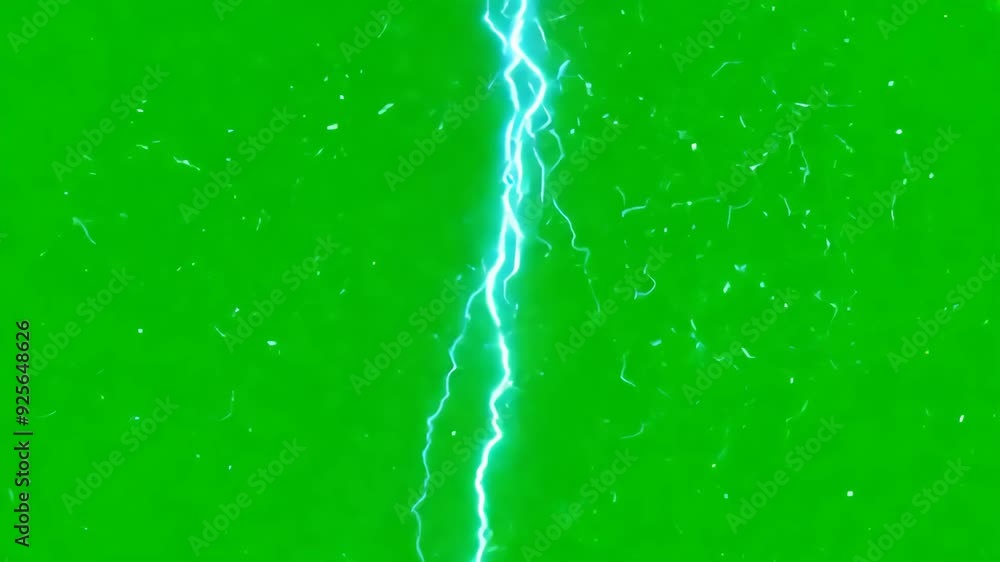 Poster animation of abstract blue lightning flash bolt or thunderbolt effect on green screen background rea