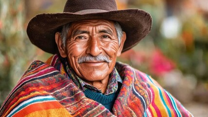 Elderly Hispanic man in colorful poncho, wearing brown hat, smiling warmly outdoors