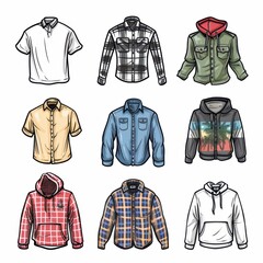 Naklejka premium A collection of clothing items, including a plaid shirt, a hoodie, and a jacket