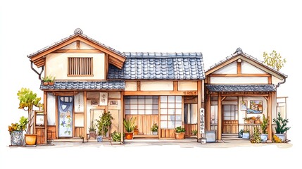 Fototapeta premium Charming traditional Japanese house with unique architecture and vibrant greenery, showcasing cultural heritage and rustic charm.