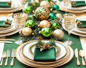 Elegant holiday table setting with green and gold decorations, beautiful ornaments, and festive glassware for a celebratory meal.